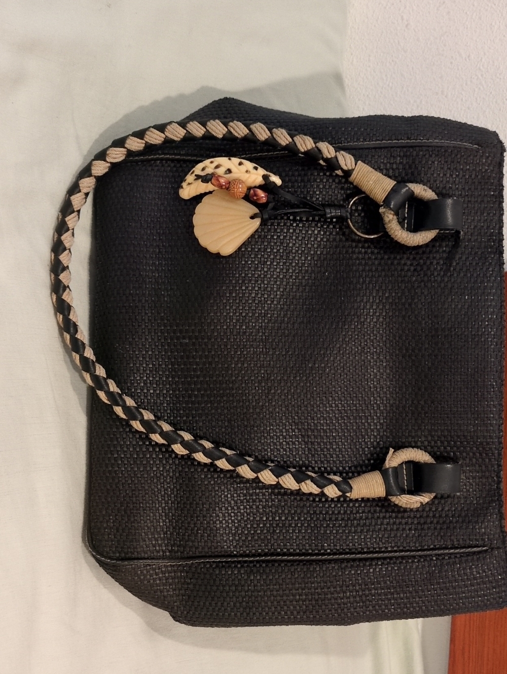 Nine West Black Woven Tote Bag Braided Handles Floral Lining Shell Charm